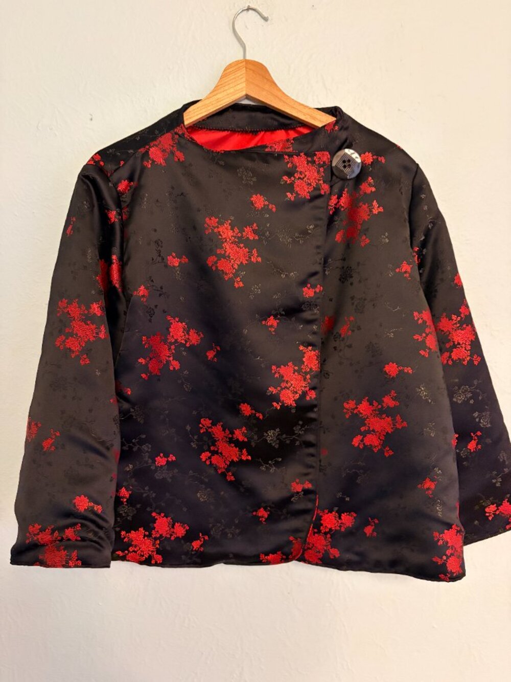 Chinese Brocade Floral Jacket Black Red Mandarin Collar Grannycore Evening Glam - Picture 4 of 9